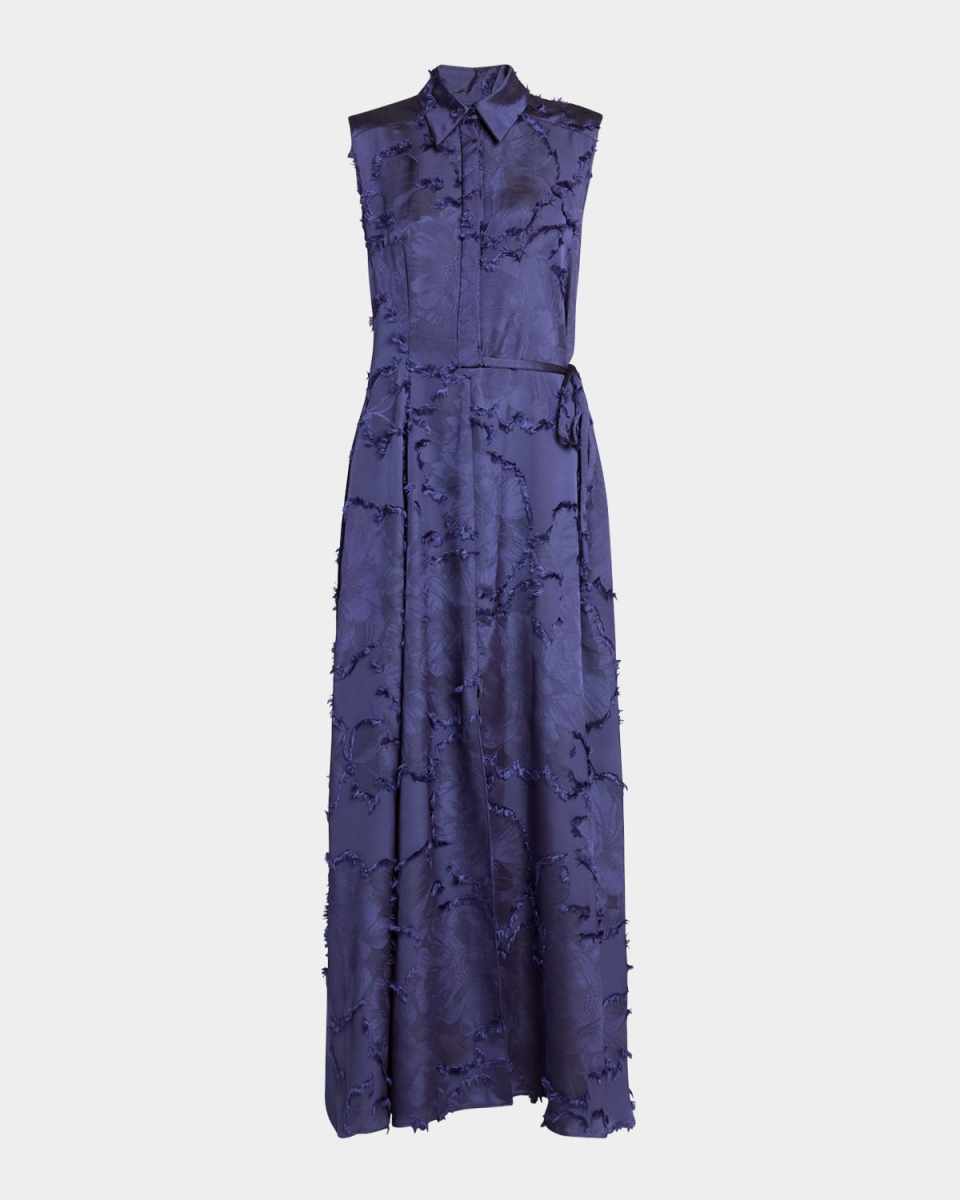 Fringed Fil Coupe Satin Sleeveless Collared Gown